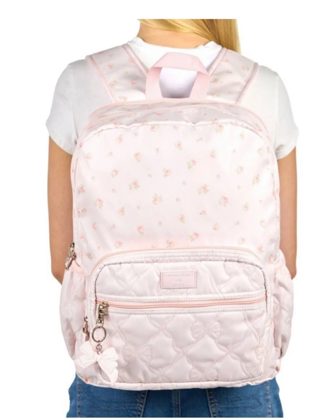 LoveShackFancy Light Pink Floral Quilted Kids Backpack with Bow Charm